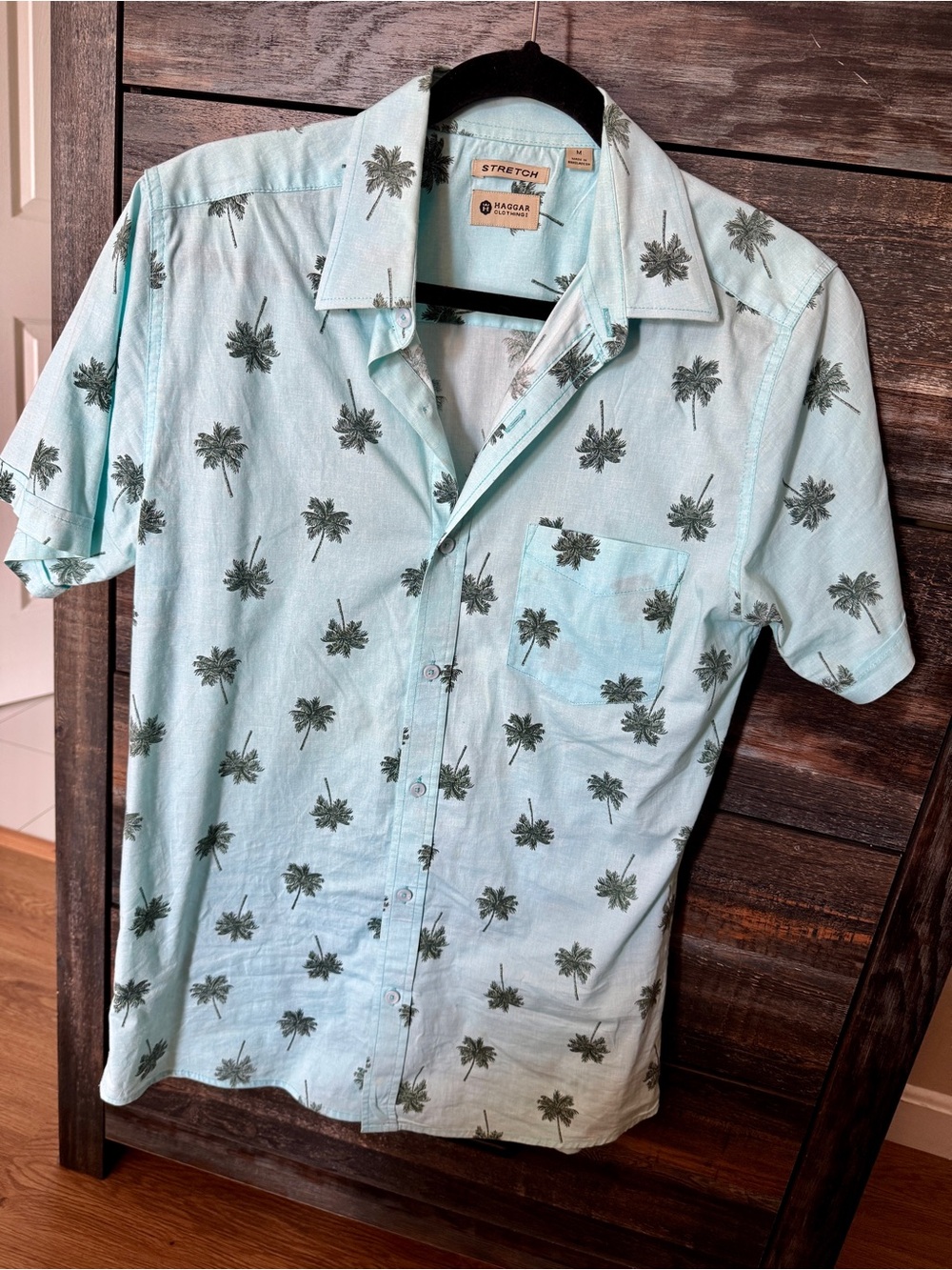 Light Blue Palm-Print Stretch Short-Sleeve Shirt